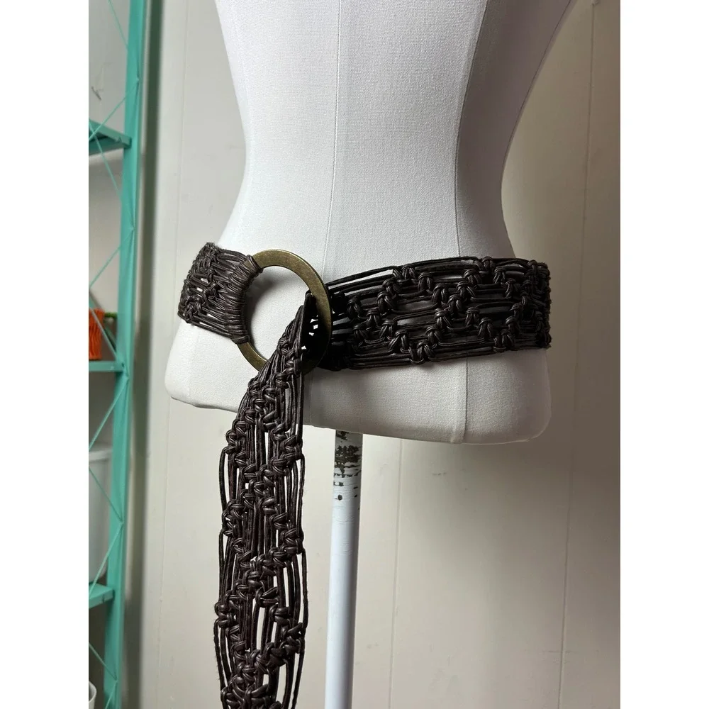 Boho Brown Macrame Wide Waist Belt O-Ring Buckle Hippie Fringe Western Festival